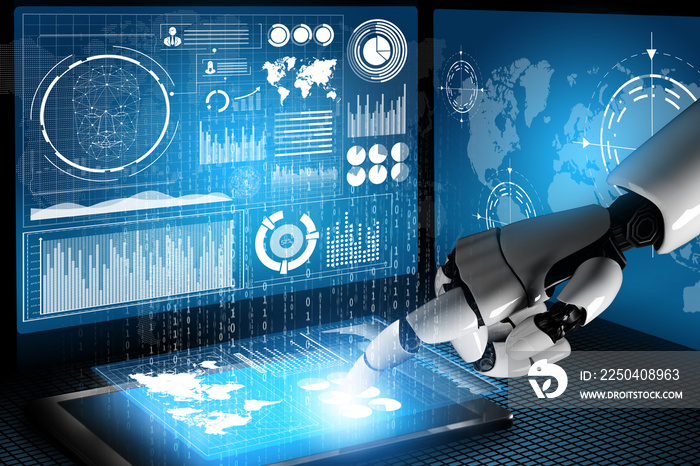 未来机器人技术开发、人工智能AI和机器学习概念。G