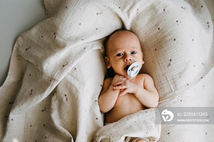 Calm newborn baby with a pacifier, lying in baby nest, top view.