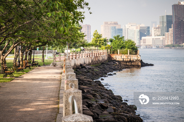 Beautiful Roosevelt Island park with Manhattan, New York City in background during sunny summer day