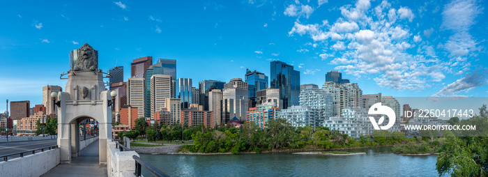 Panoramic view of Calgarys skyline on a summer day.