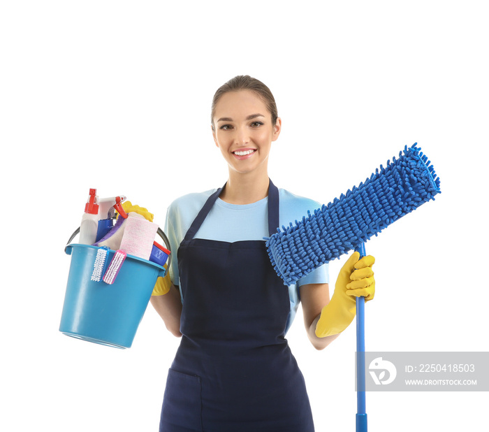 Woman with cleaning supplies on white background