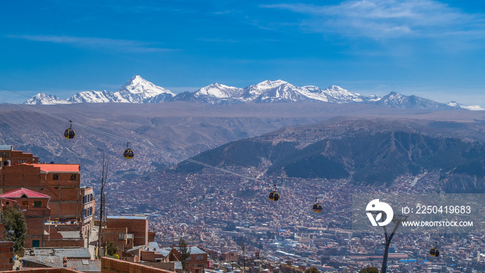 Cable cars in a panoramic view of the city of La Paz, Bolivia. Behind, you can see The Andes mountai