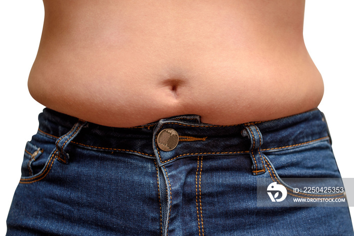 Close up of woman with excessive belly fat isolated on white background