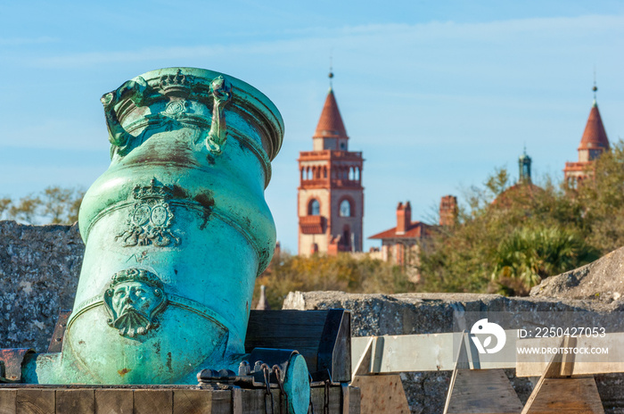 Spanish bronze alloy mortar from Castillo de San Marcos overlooking Flagler college in historic Sain