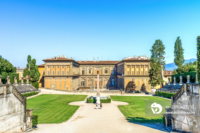 Exterior view of the back façade of Pitti Palace, facing the amphitheatrum, seen from Boboli Gardens
