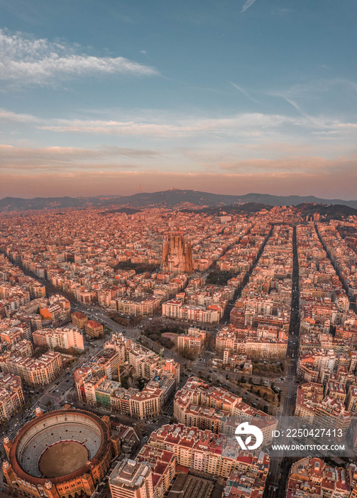 Aerial drone shot of Barcelona city center in morning time