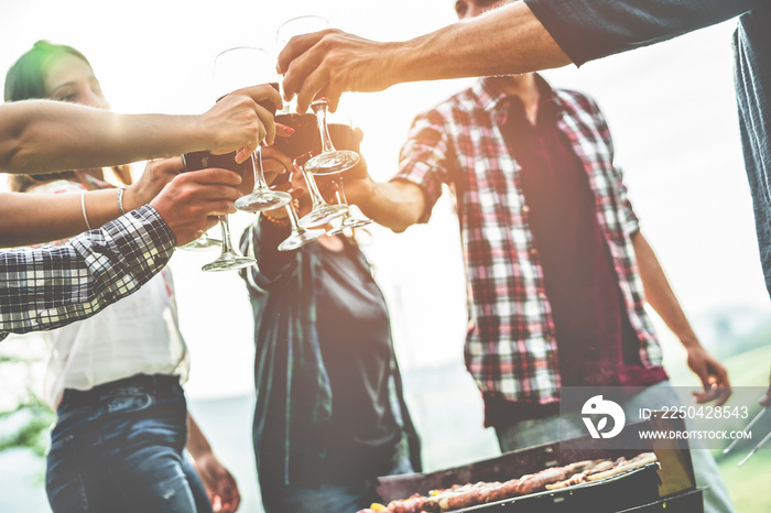 Adult friends cheering with wine at barbecue outdoor - Group of people having fun drinking wine in v