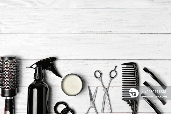 Professional hairdresser set on wooden table