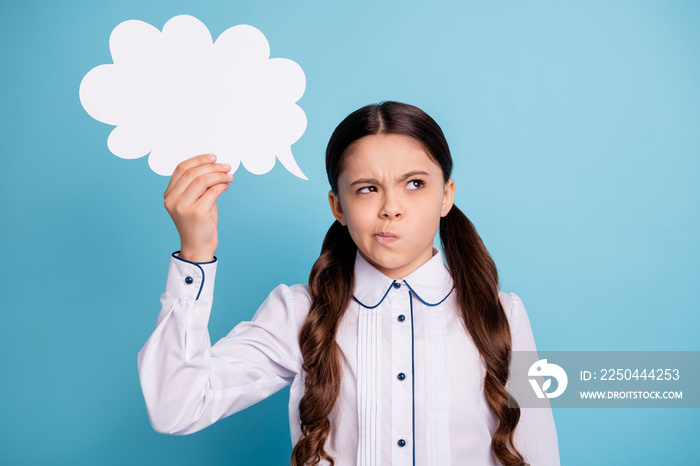 Portrait of minded kid hold hand paper cloud have thoughts wear trendy stylish blouse isolated over 