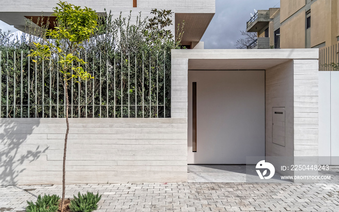 small tree on the sidewalk in front of contemporary house white entrance door and fence