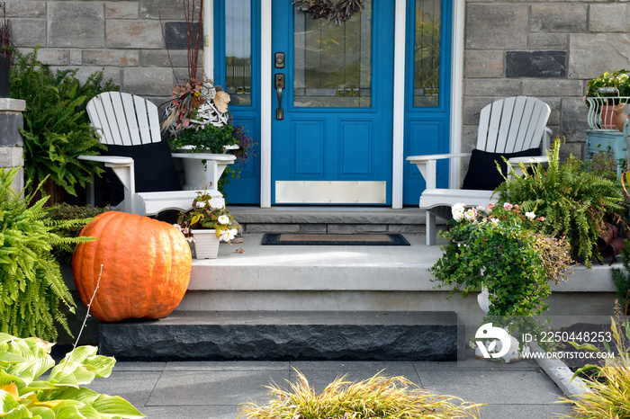 house with flowers and a giant pumpkin at Halloween.