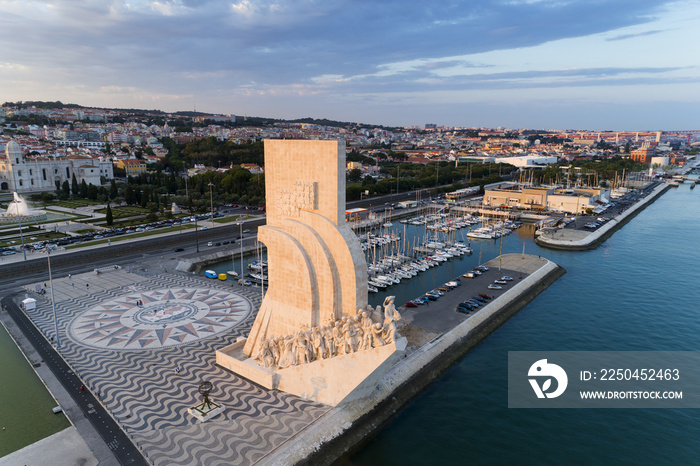 Aerial view of the Belém neighborhood in the city of Lisbon at sunset; Concept for travel in Portuga