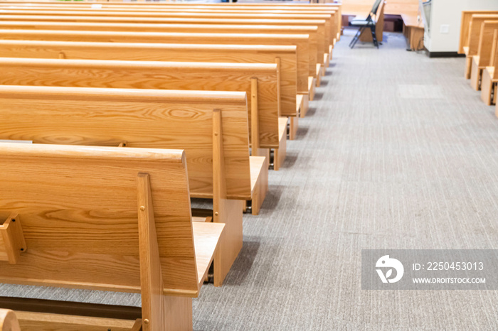 Church pews in Church for Christian religious services