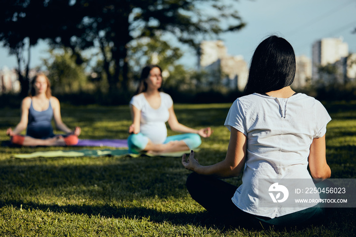 Two pregnant women doing yoga outdoors.