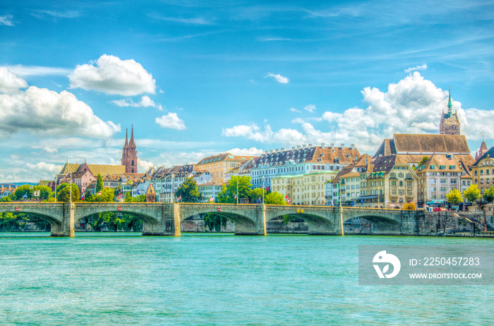 Basler münster and Saint martin church viewed behind the mittlere brücke in Basel, Switzerland