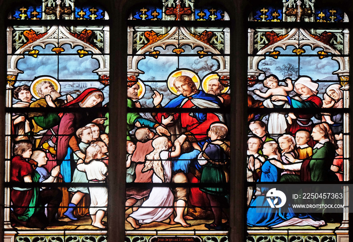 Jesus, Friend of Little Children, stained glass window in Saint Severin church in Paris, France