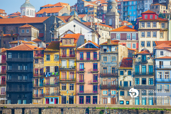 Typical old houses with colorful facades at Ribeira district, Porto, Portugal.