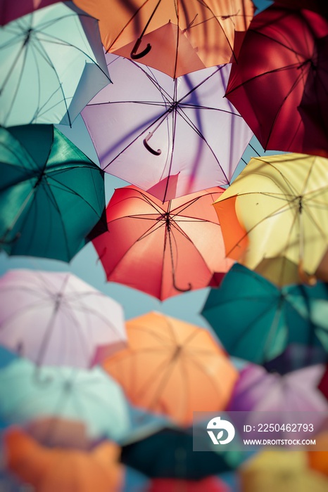 Background colorful umbrella street decoration. Selective focus.