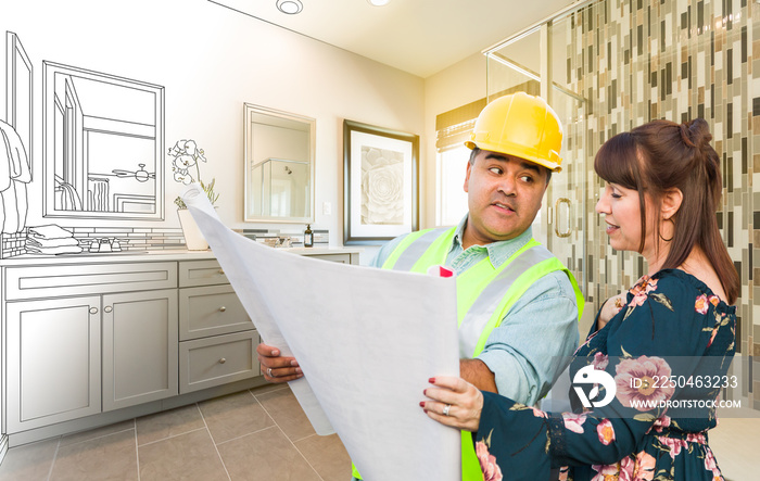 Hispanic Male Contractor Talking with Female Client Over Blueprint Plans In Front of Bathroom Drawin