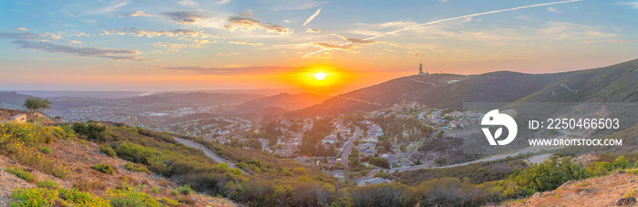 Panoramic view of a mountainside residential area at San Diego County in California