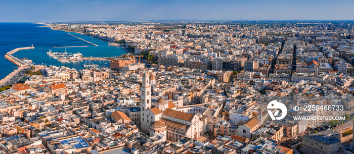 Aerial view of Bari old town. View of the Bari Cathedral (Saint Sabino) and  San Nicola Basilica , B