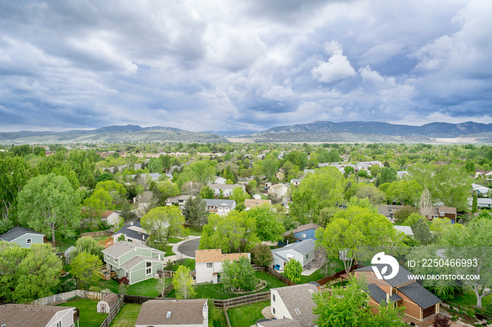 aerial view of resdential area and foothills