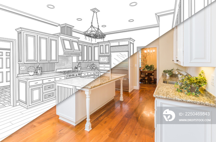 Diagonal Split Screen Of Drawing and Photo of New Kitchen