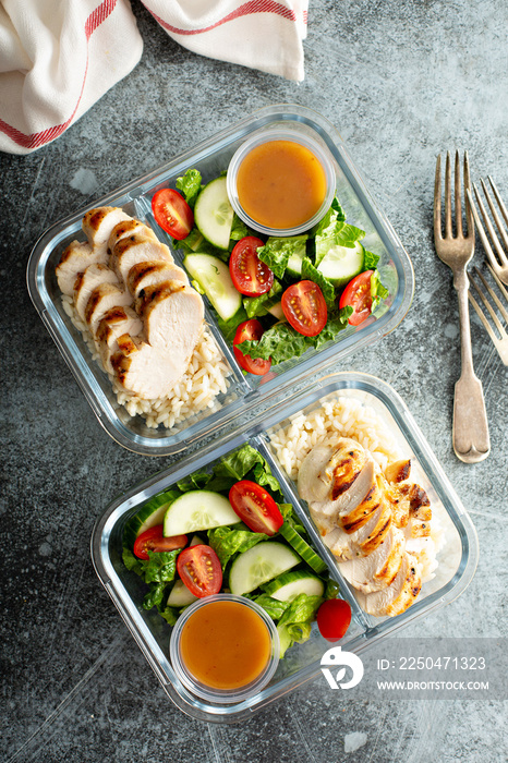 Meal prep lunch box containers with grilled chicken and fresh vegetables