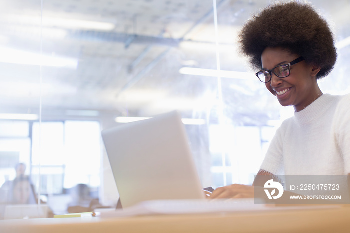 Young businesswoman with afro working at laptop in office