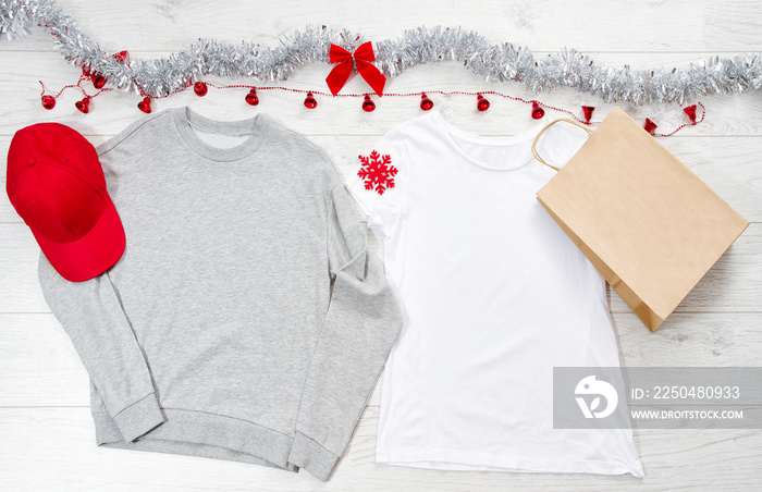 特写白色空白模板t恤，带复制空间的运动衫连帽衫。圣诞节概念。