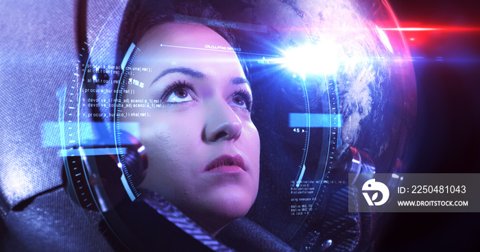 Close Up VFX Shot Of The Young Beautiful Female Astronaut In Space Helmet. She Is Exploring Outer Sp