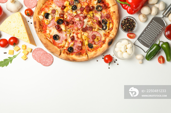 Tasty pizza and ingredients on white background, space for text