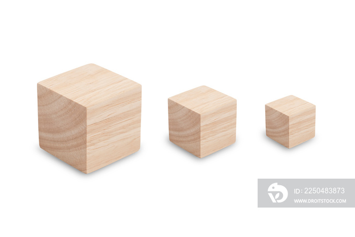 Wooden cube blocks in different size with beautiful wooden textured isolated on white background wit