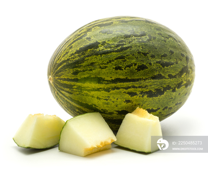 One melon Piel de Sapo with three cut pieces (Santa Claus Christmas variety) isolated on white backg