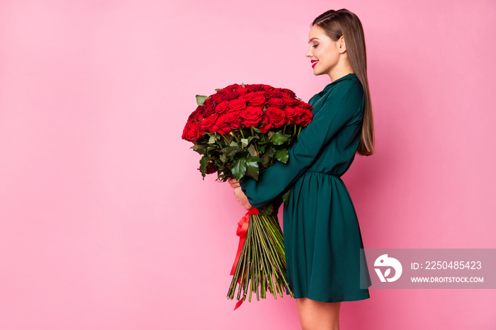 Profile photo of adorable charming chic lady hold large red long roses bouquet secret admirer boyfri