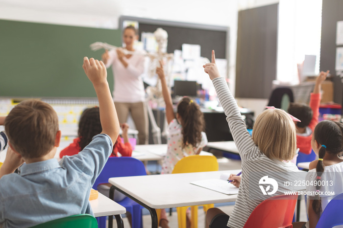 School kids raising hands while teacher explaining the functioning of human skeleton in classroom