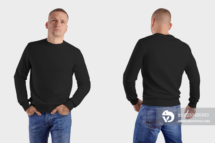 Set of male clothes on a man in blue jeans, front, back, mockup of a black sweatshirt with realistic
