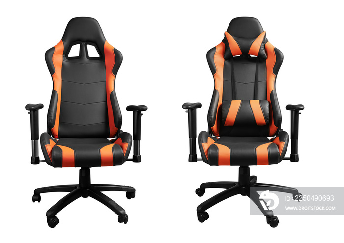 Front view of sport racing design gaming orange and black chair with and without cushions