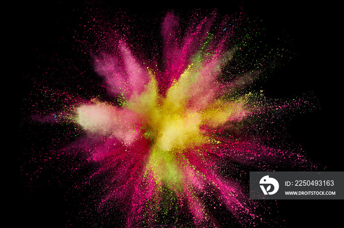 Colored powder explosion. Abstract closeup dust on backdrop. Colorful explode. Paint holi