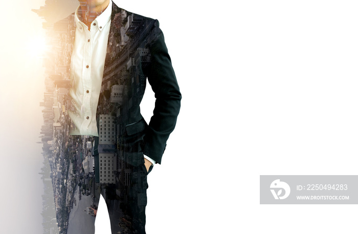 Smart business man is standing and wearing suit uniform. Double exposure on city landscape.