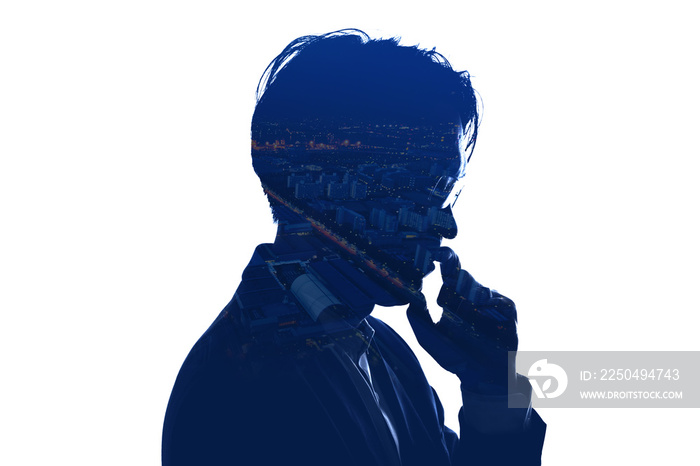 Double Exposure thinking businessman and skyscraper building city with white background. Concept for