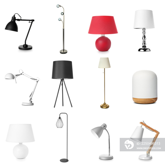 Different stylish lamps on white background