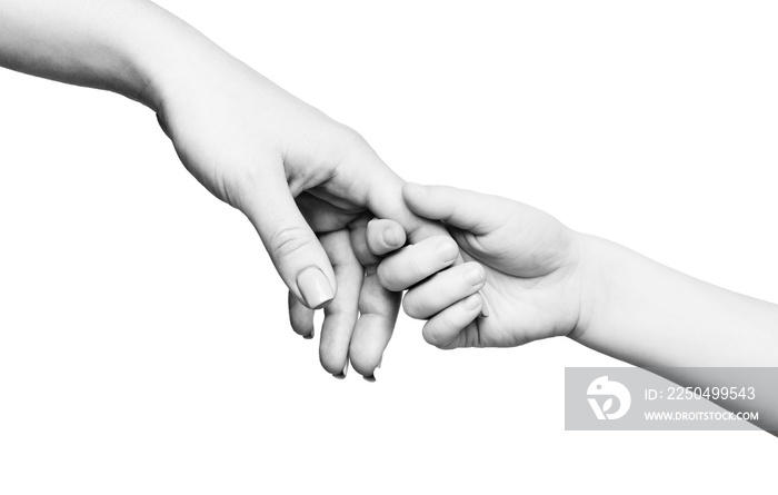 Child hand holding mother finger on white background