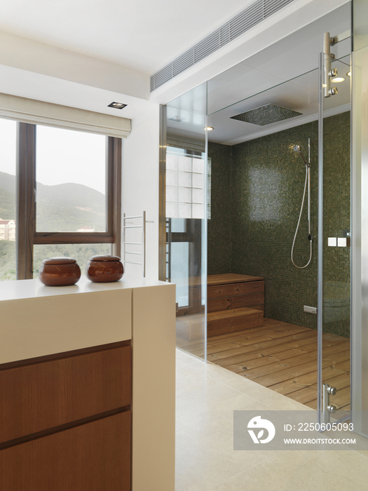 Contemporary bathroom with shower area at home; Scottsdale; USA