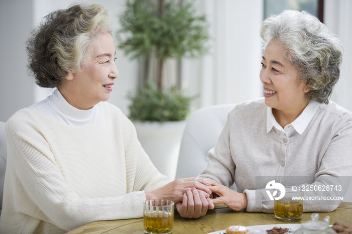 快乐的老年女子喝茶聊天