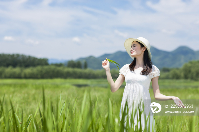 草地里的年轻女孩