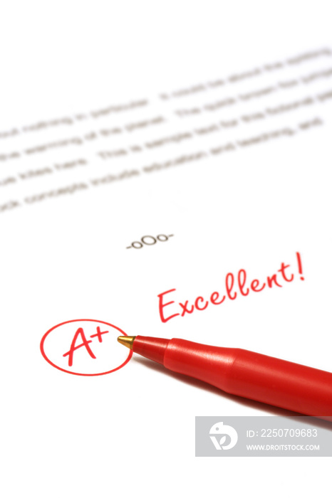 一篇论文被评为A +，优秀，用红笔。