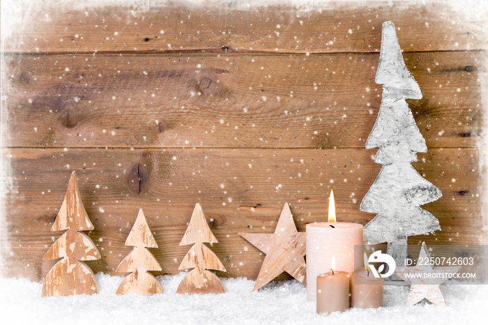 Weihnachtskarte rustikal mit Holz, Kerzen和Schneeflocken