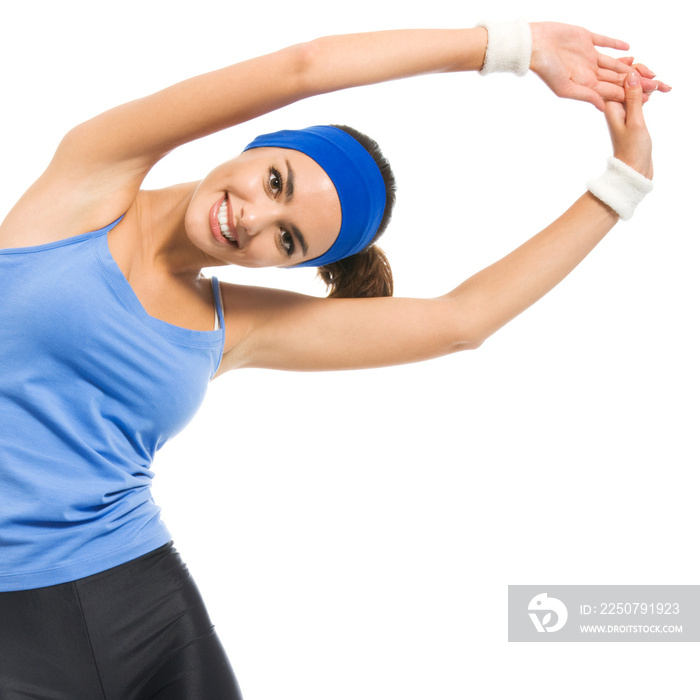 Cheerful young exercising woman, over white