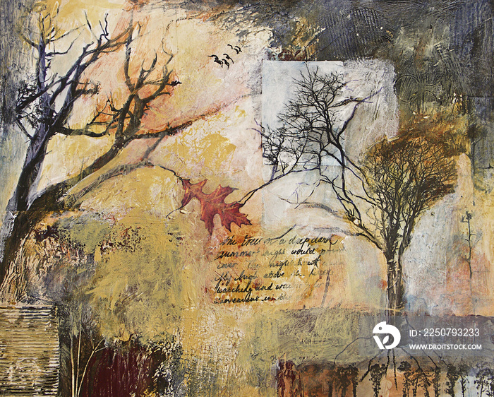 树木和橡树叶的混合媒体绘画
